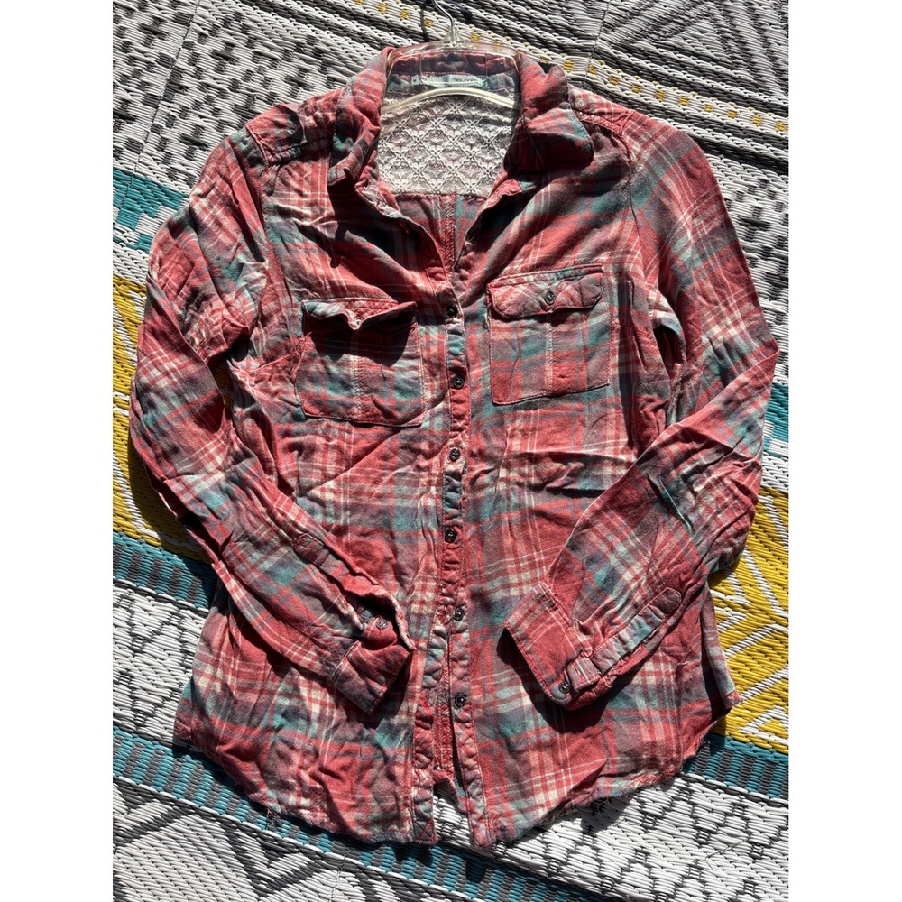 Maurices Womens Red Teal Plaid Lace Back Button Down Flannel Style Rayon Shirt M
